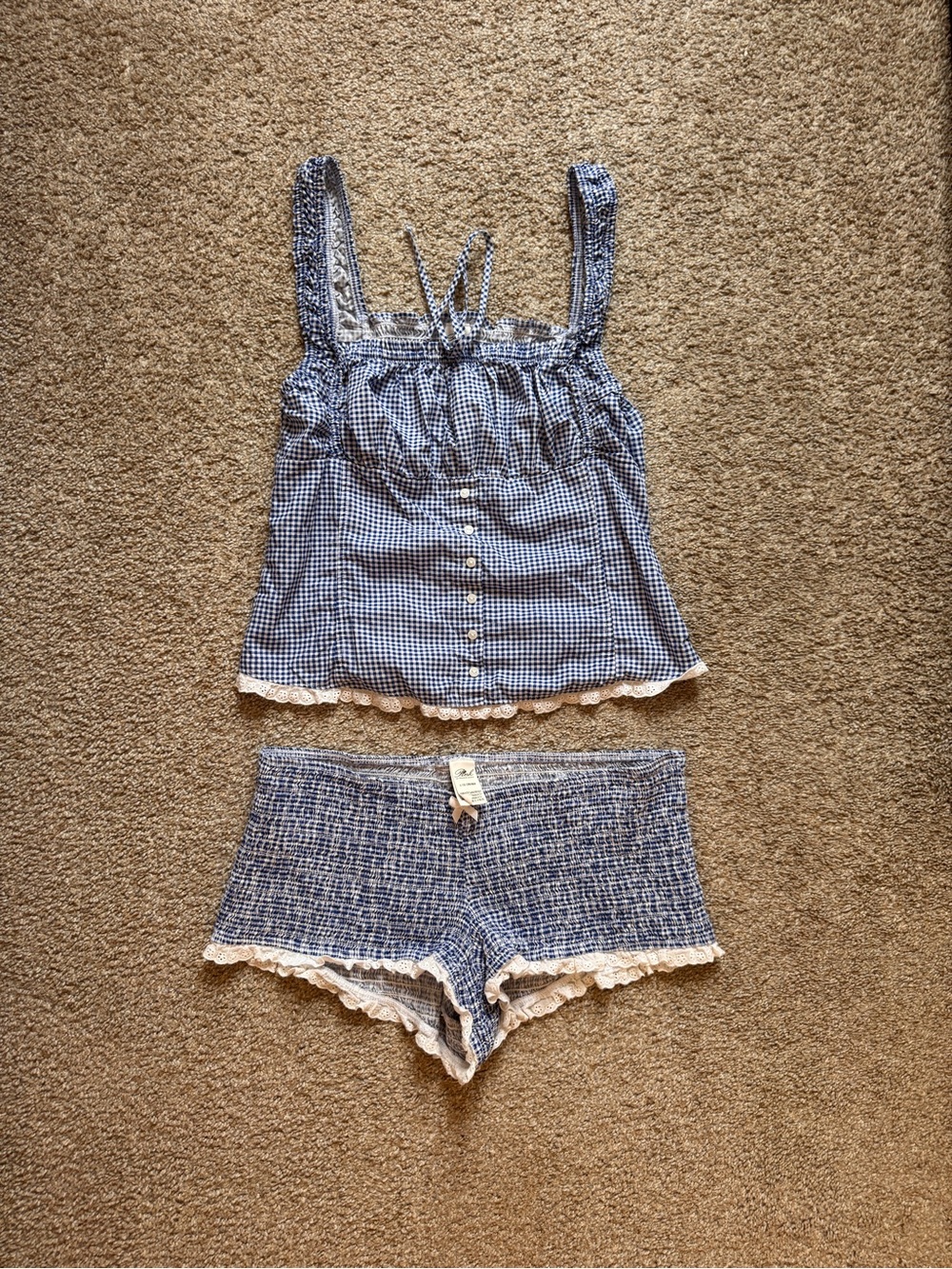 Pink by Frankies Bikinis Blue Gingham Lace-Trim Sleep Set - Wore 1 Time